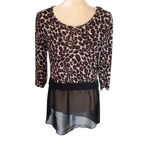 Mix & Co. animal print knit top sheer black hem L 31" long